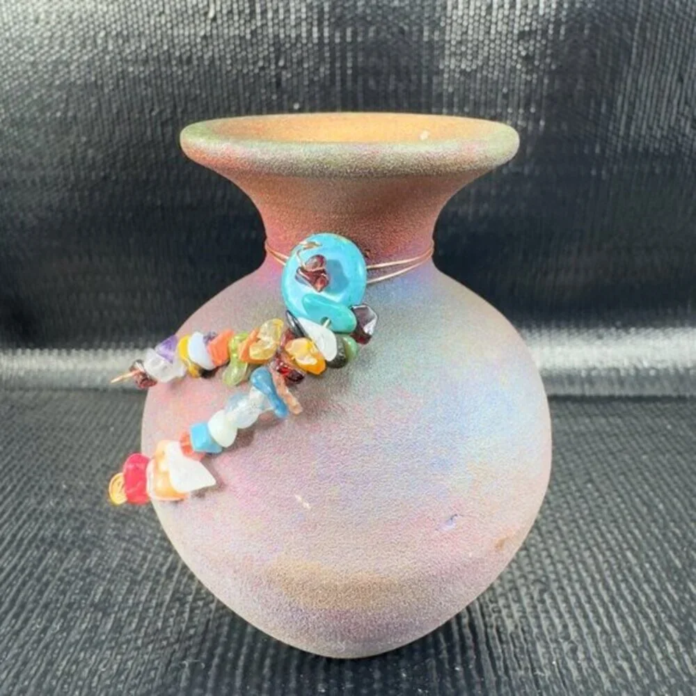 Raku‎ Pottery Small Bud Vase Artist Signed Iridescent Finish W Trinkets Vintage